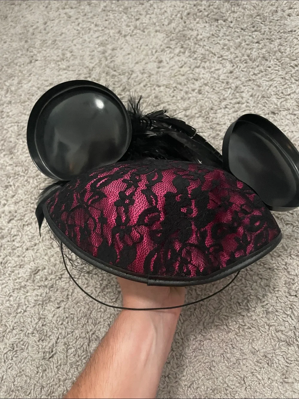 Disney Mickey Ears Black Lace and Fuchsia Feathered Fascinator Hat